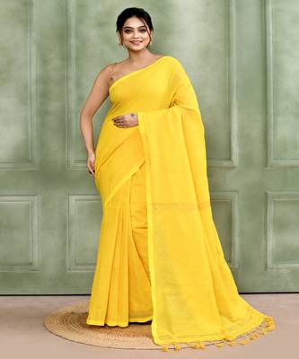 yellow embellished cotton blend zari check handloom saree 1