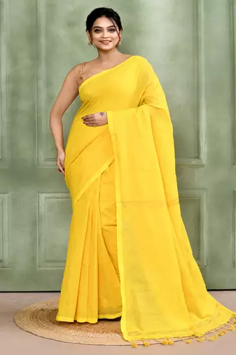 yellow embellished cotton blend zari check handloom saree