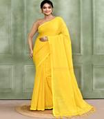 yellow embellished cotton blend zari check handloom saree