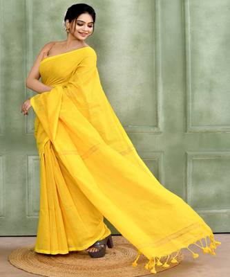 yellow embellished cotton blend zari check handloom saree 2