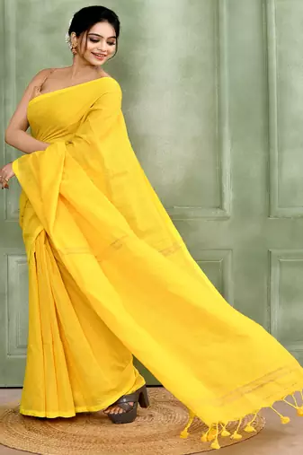 yellow embellished cotton blend zari check handloom saree