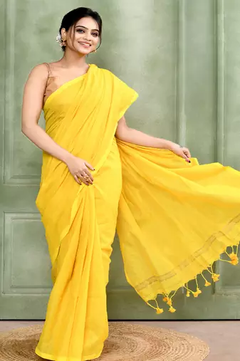 yellow embellished cotton blend zari check handloom saree