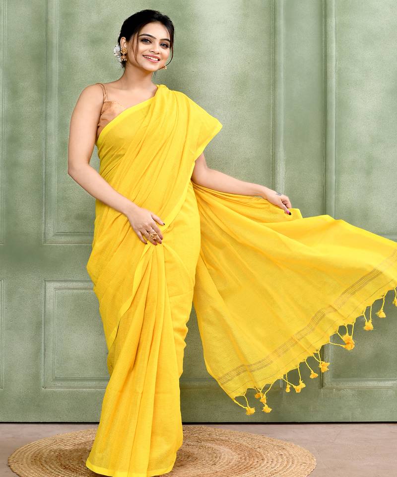 yellow embellished cotton blend zari check handloom saree
