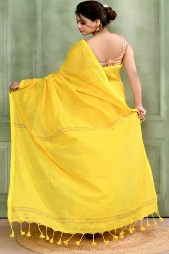 yellow embellished cotton blend zari check handloom saree