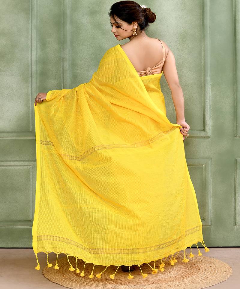 yellow embellished cotton blend zari check handloom saree