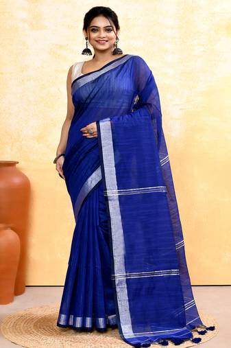 royel blue embellished cotton blend zari border handloom saree