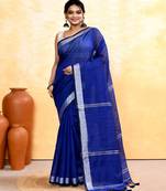 royel blue embellished cotton blend zari border handloom saree