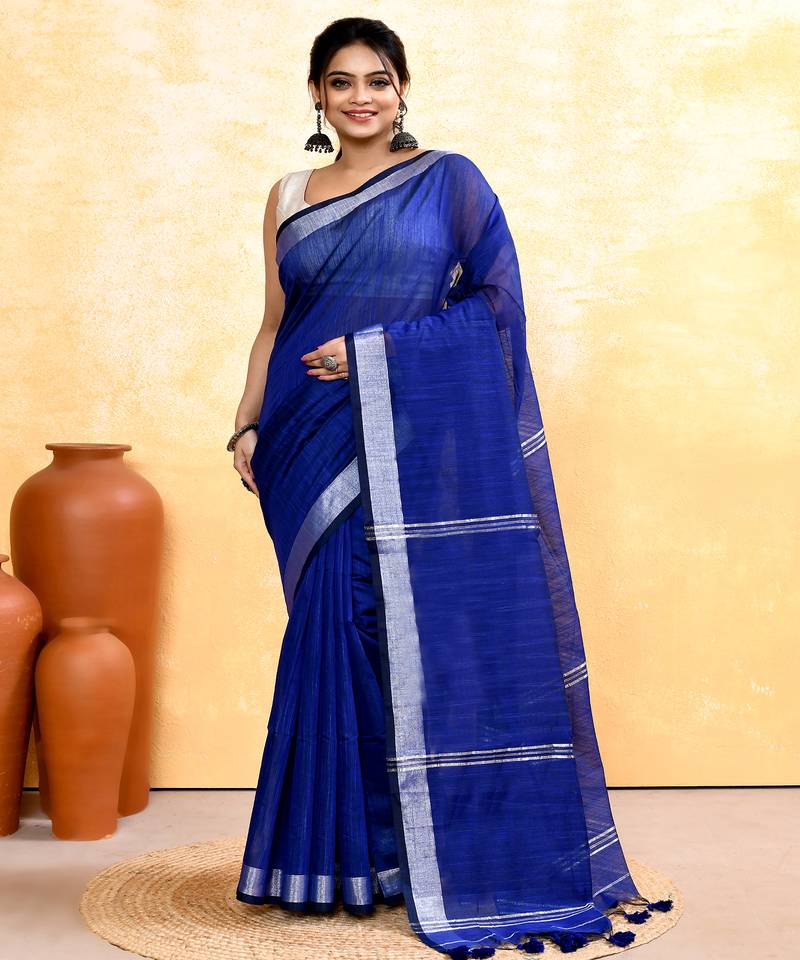 royel blue embellished cotton blend zari border handloom saree