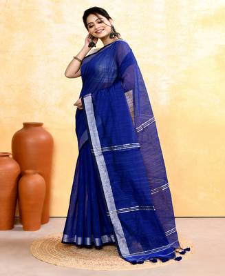 royel blue embellished cotton blend zari border handloom saree 2