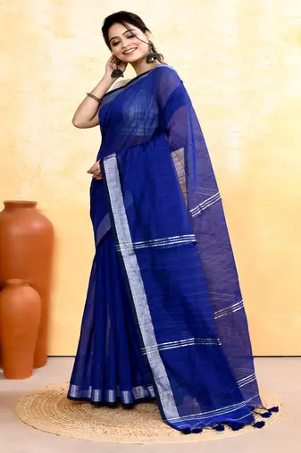 royel blue embellished cotton blend zari border handloom saree