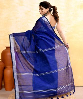 royel blue embellished cotton blend zari border handloom saree 3