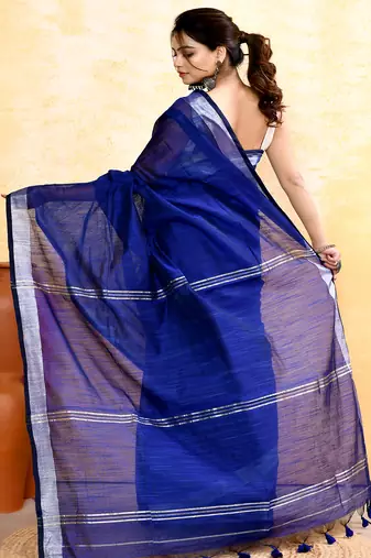 royel blue embellished cotton blend zari border handloom saree
