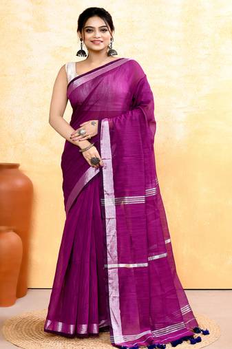 magenta embellished cotton blend zari border handloom saree