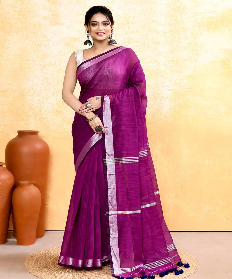 magenta embellished cotton blend zari border handloom saree