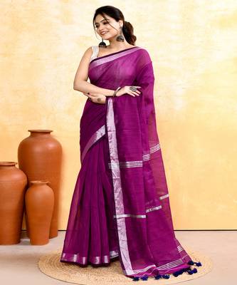 magenta embellished cotton blend zari border handloom saree 2