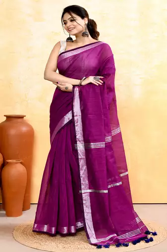 magenta embellished cotton blend zari border handloom saree