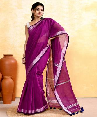 magenta embellished cotton blend zari border handloom saree 3