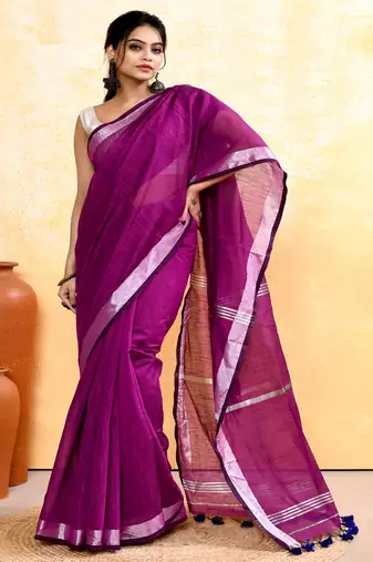 magenta embellished cotton blend zari border handloom saree