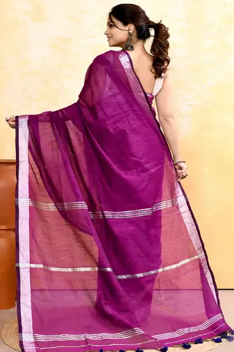 magenta embellished cotton blend zari border handloom saree