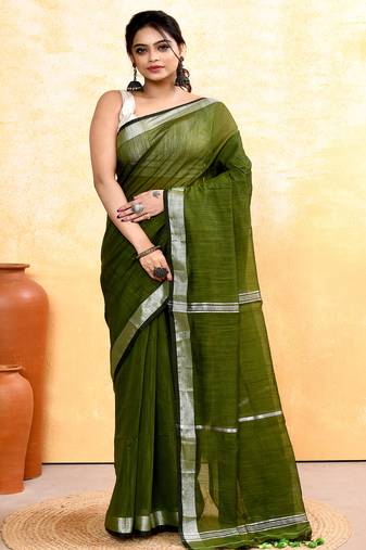 moss green embellished cotton blend zari border handloom saree
