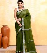 moss green embellished cotton blend zari border handloom saree