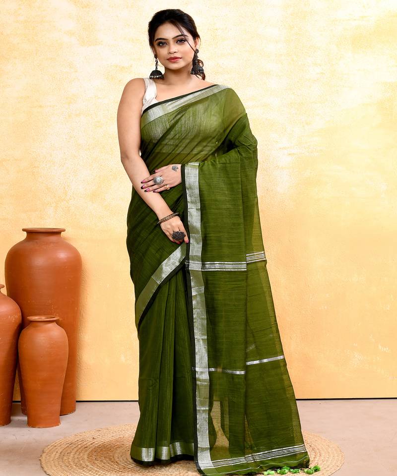 moss green embellished cotton blend zari border handloom saree