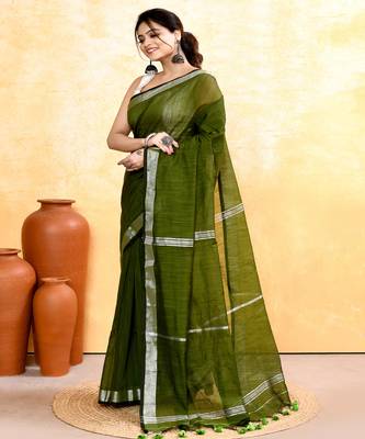 moss green embellished cotton blend zari border handloom saree 2