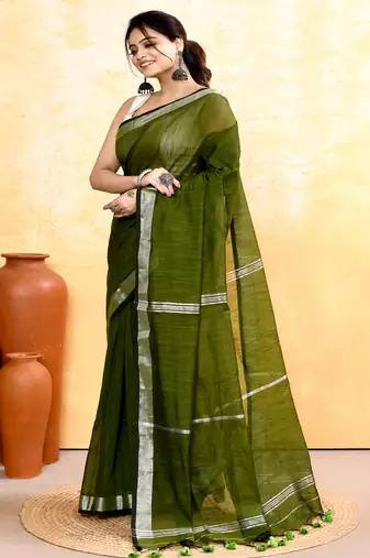 moss green embellished cotton blend zari border handloom saree