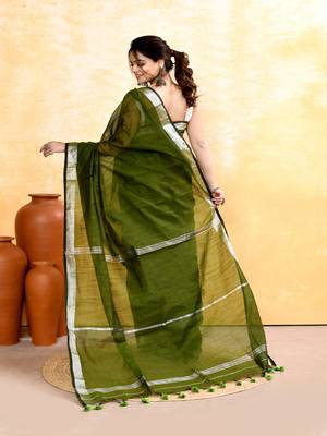 moss green embellished cotton blend zari border handloom saree 3