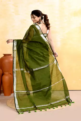 moss green embellished cotton blend zari border handloom saree
