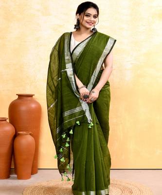 moss green embellished cotton blend zari border handloom saree 4