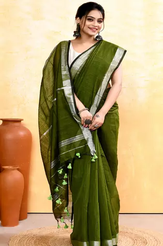 moss green embellished cotton blend zari border handloom saree