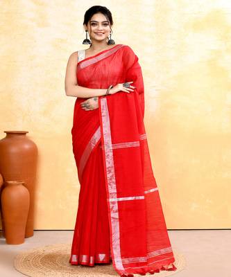 red embellished cotton blend zari border handloom saree 1