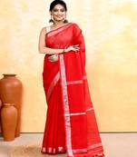red embellished cotton blend zari border handloom saree