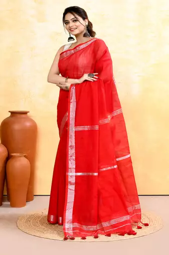 red embellished cotton blend zari border handloom saree