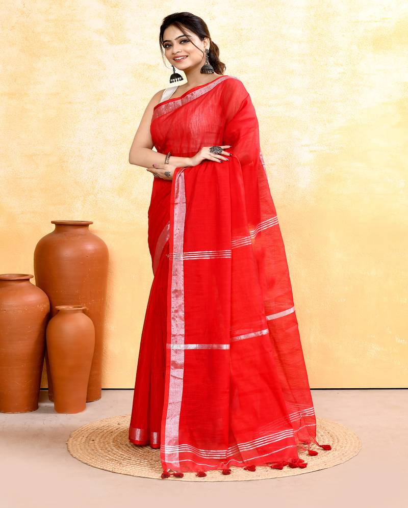 red embellished cotton blend zari border handloom saree