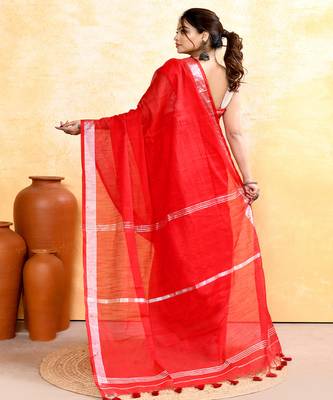 red embellished cotton blend zari border handloom saree 4