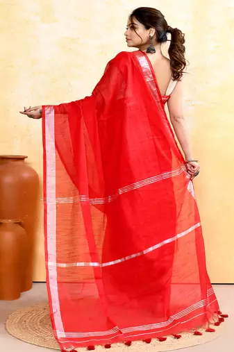 red embellished cotton blend zari border handloom saree
