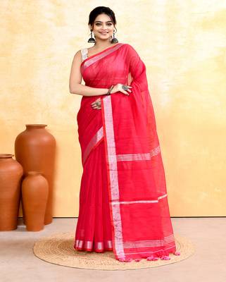 rani pink embellished cotton blend zari border handloom saree 1