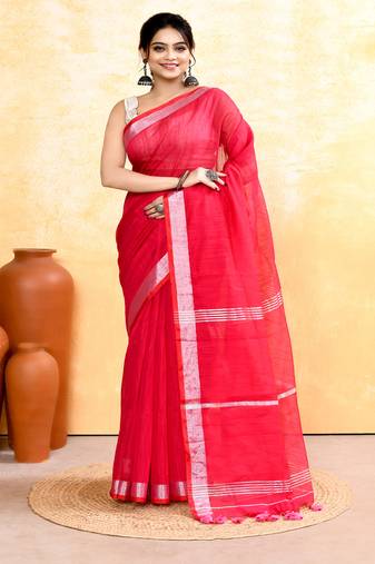 rani pink embellished cotton blend zari border handloom saree