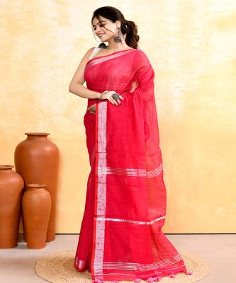 rani pink embellished cotton blend zari border handloom saree 2