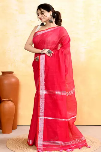 rani pink embellished cotton blend zari border handloom saree