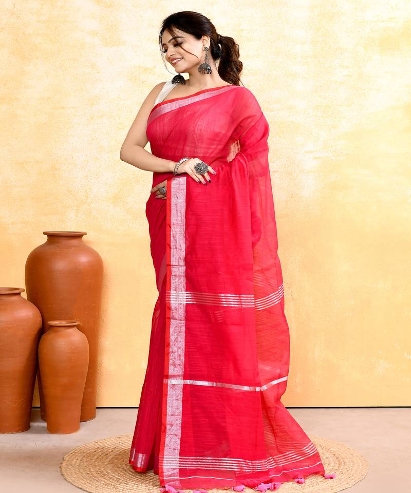 rani pink embellished cotton blend zari border handloom saree