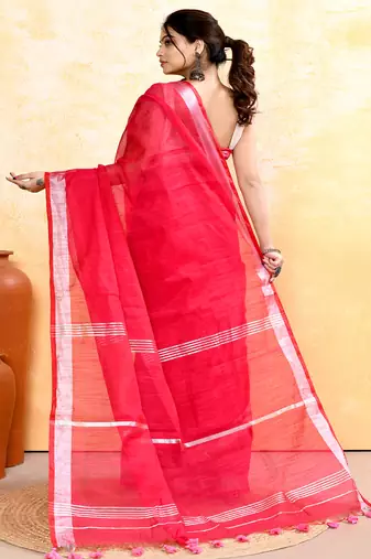 rani pink embellished cotton blend zari border handloom saree