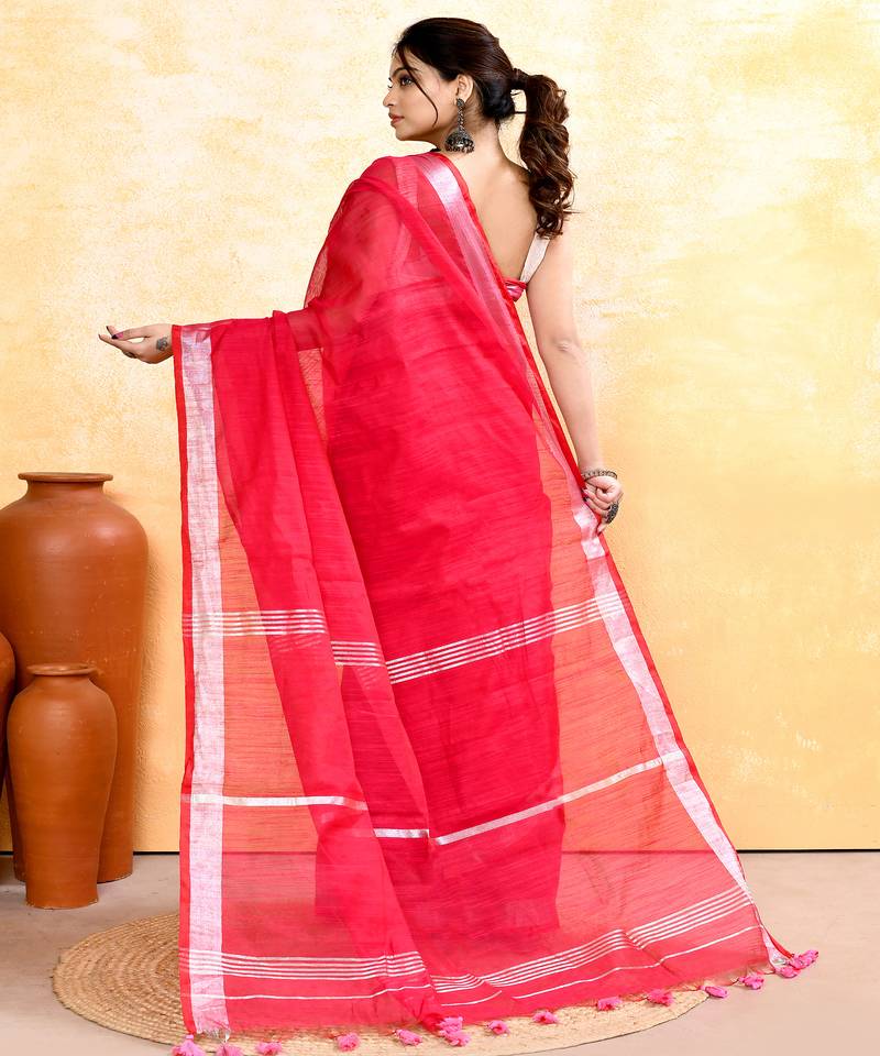 rani pink embellished cotton blend zari border handloom saree