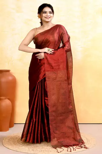 maroon dual tone organic tissue saree with blouse piece