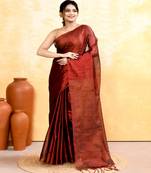 maroon dual tone organic tissue saree with blouse piece