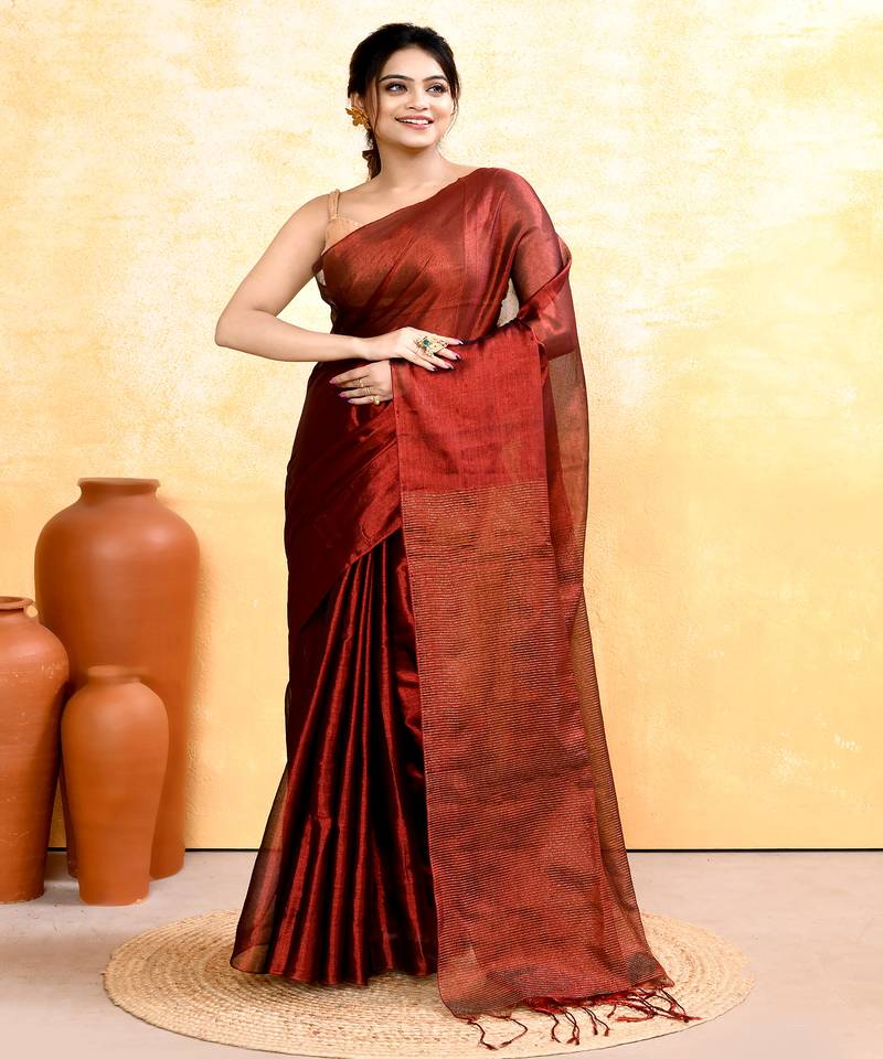 maroon dual tone organic tissue saree with blouse piece