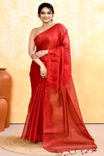red dual tone organic tissue saree with blouse piece