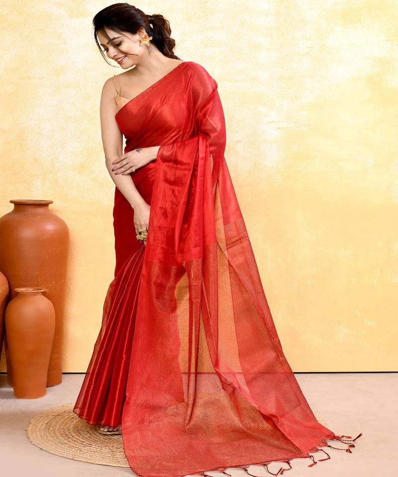 red dual tone organic tissue saree with blouse piece